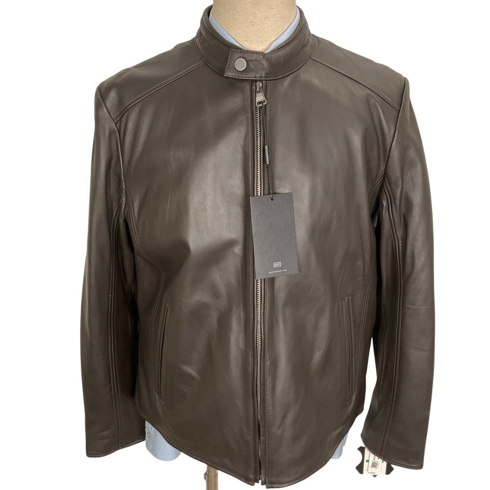 Andrew Marc NY Leather Jacket Men Large Brown Zip Y2K Moto Biker Cafe Racer
